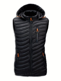 Men's Puffer Vest with Hood - Lightweight Quilted Warmth - Three Zip Pockets