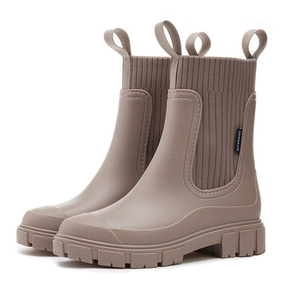 Women's Rain Boots - Chelsea Style with Knit Collar - Waterproof Platform Sole