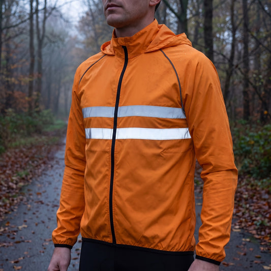 Cycling jacket for men in orange worn on a wet wooded path at dusk