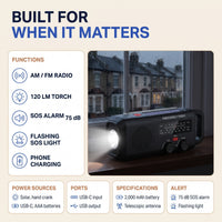 Wind Up Radio with Torch - Hand Crank & Solar Emergency Radio - SOS Alarm