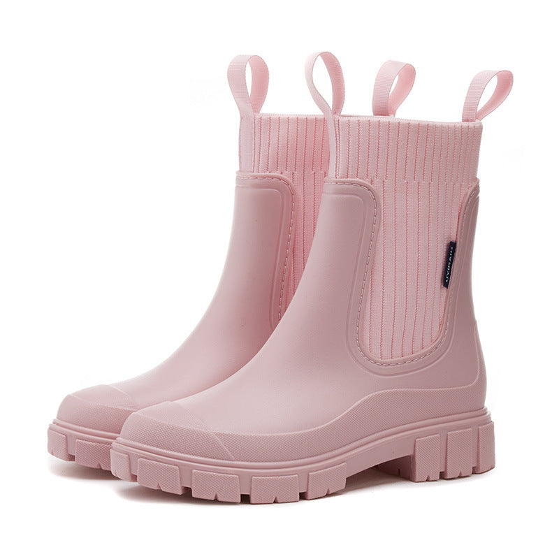 Women's Rain Boots - Chelsea Style with Knit Collar - Waterproof Platform Sole