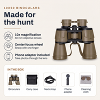 Hunting Binoculars 10x50 - Phone Adapter & Carry Case - Center Focus