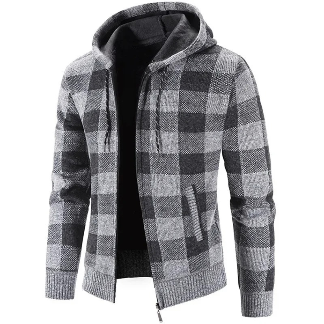 Men's Cardigan Sweater with Hood - Buffalo Plaid Knit - Warm Fleece Lining
