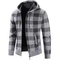 Men's Cardigan Sweater with Hood - Buffalo Plaid Knit - Warm Fleece Lining