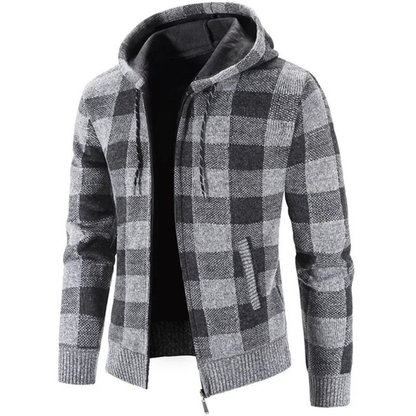 Men's Cardigan Sweater with Hood - Buffalo Plaid Knit - Warm Fleece Lining
