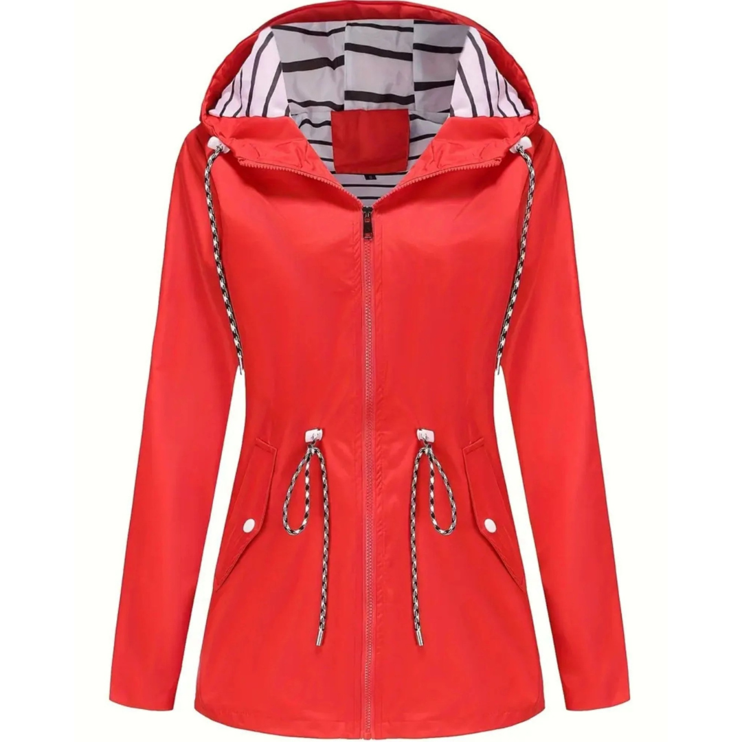 Women's Raincoat with Hood - Waterproof & Lightweight - Adjustable Waist