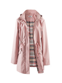 Women's Long Raincoat - Water-Repellent & Plaid Lined - Drawstring Waist