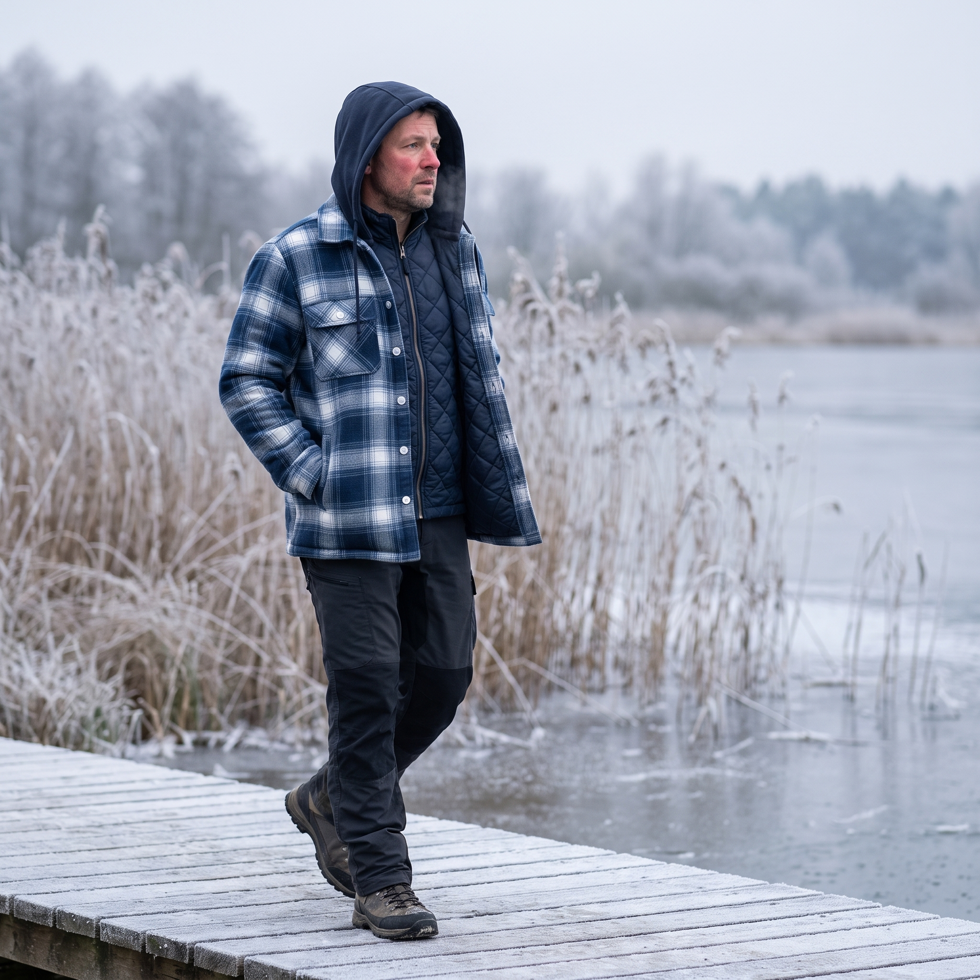 Flanelljacke Herren blau kariert mit Kapuze und Steppfutter – im Winter getragen