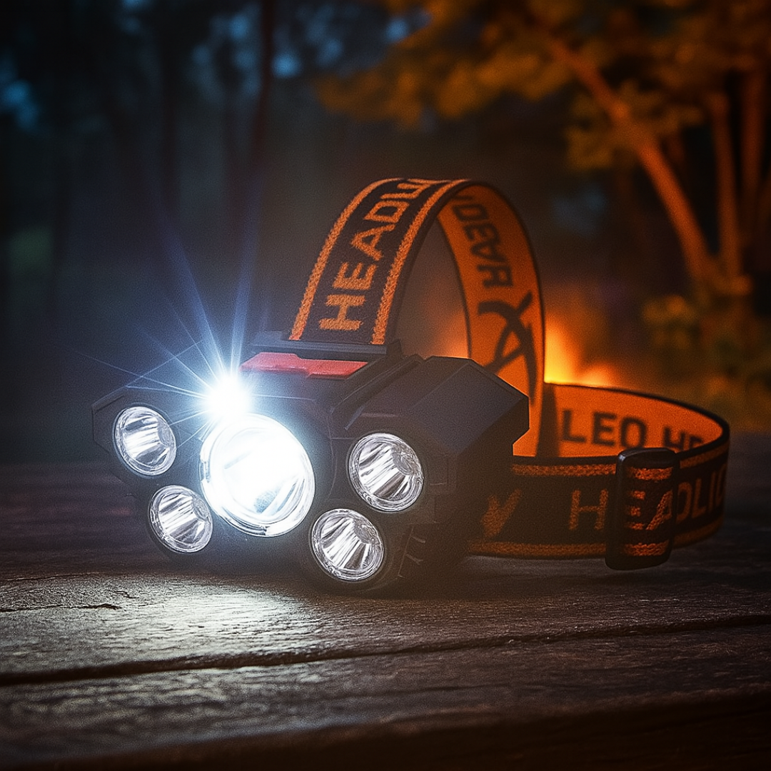Rechargeable Headlamp - 5 Bright LEDs & SOS Mode - Splash Resistant
