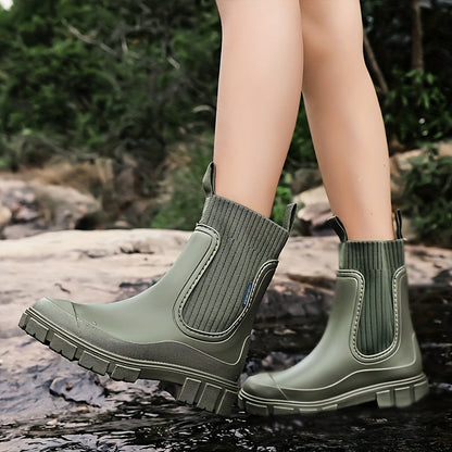 Women's Rubber Rain Boots - Chelsea Style Slip-On - Non-Slip Lug Sole