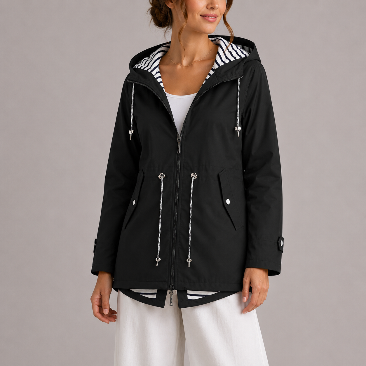 Women's Rain Jacket - Hooded & Water-Resistant - Striped Lining