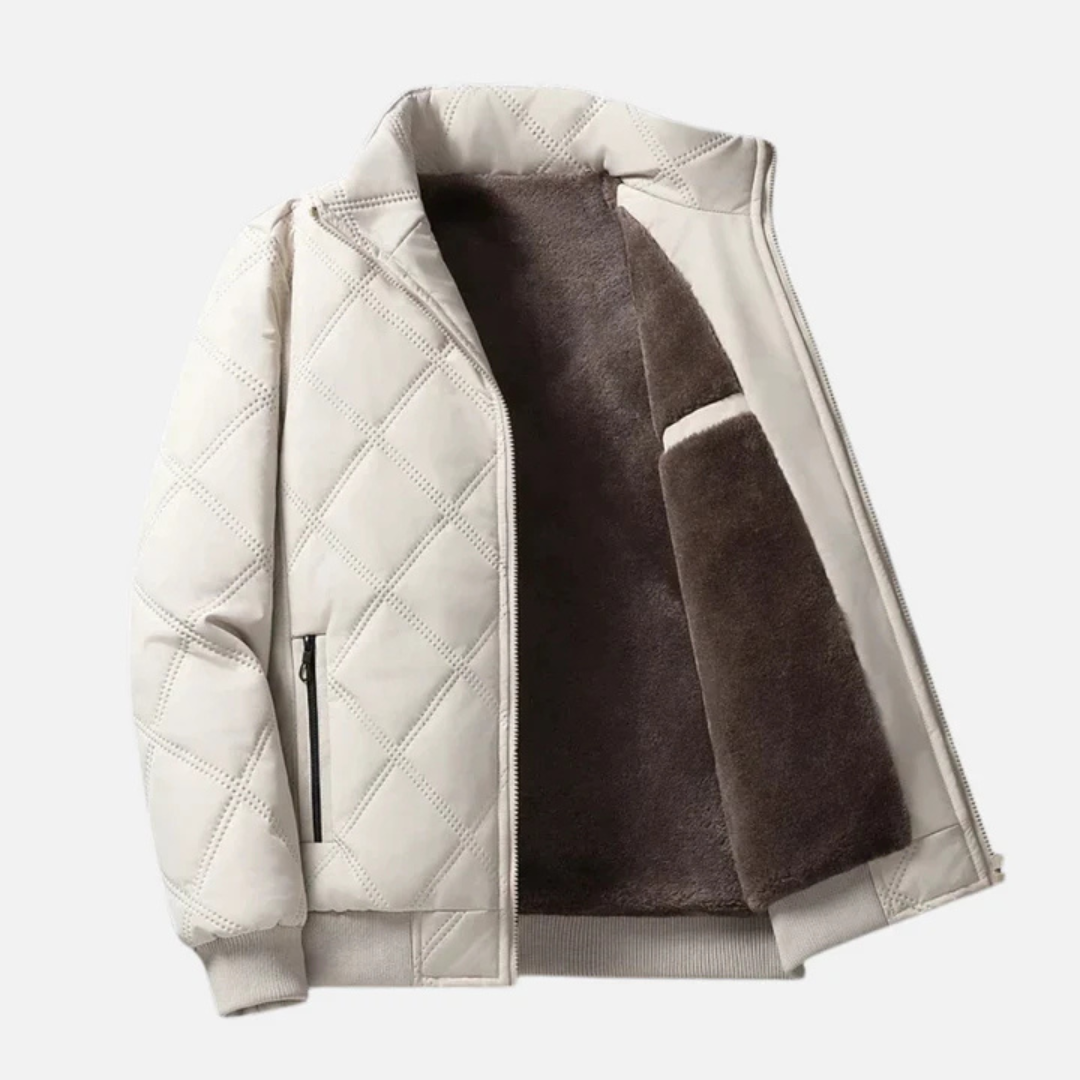 Men's Quilted Jacket - Plush Fleece Lining - Stand Collar