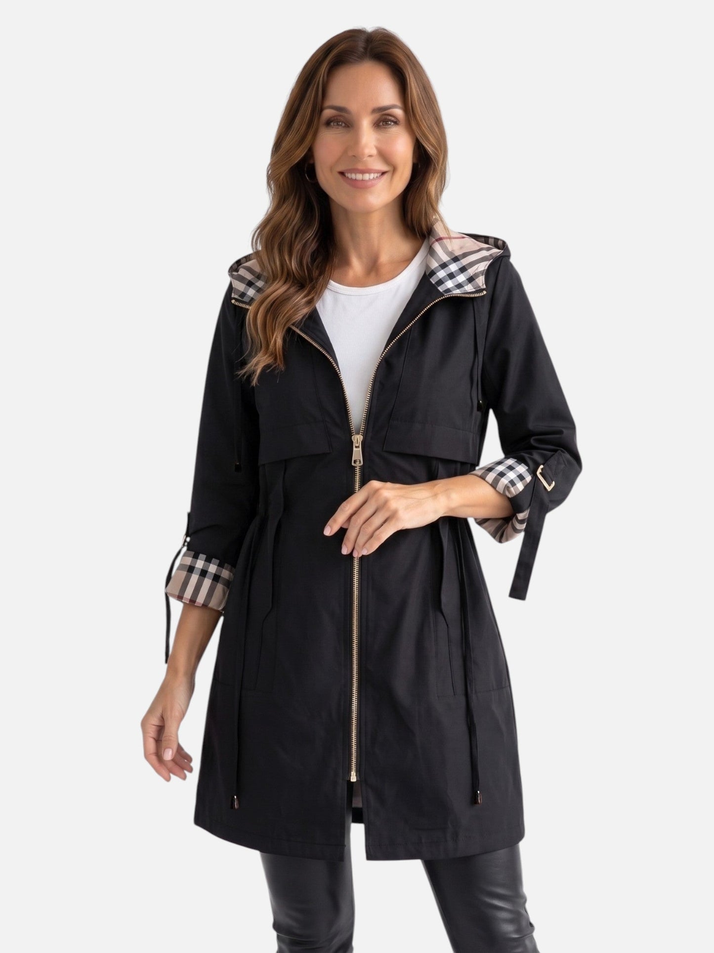 Women's Lightweight Jacket - Water-Resistant Hooded Parka - Plaid Lining