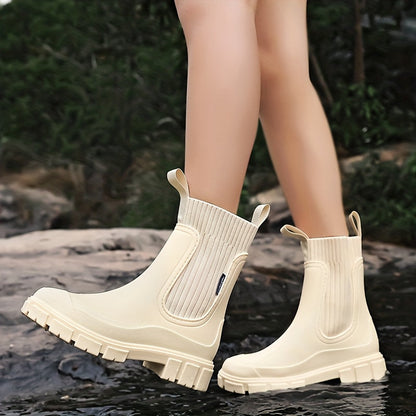 Women's Rubber Rain Boots - Chelsea Style Slip-On - Non-Slip Lug Sole