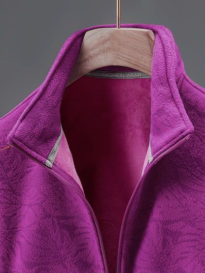 Women's Fleece Jacket - Stand Collar with Leaf Print - Zip Pockets
