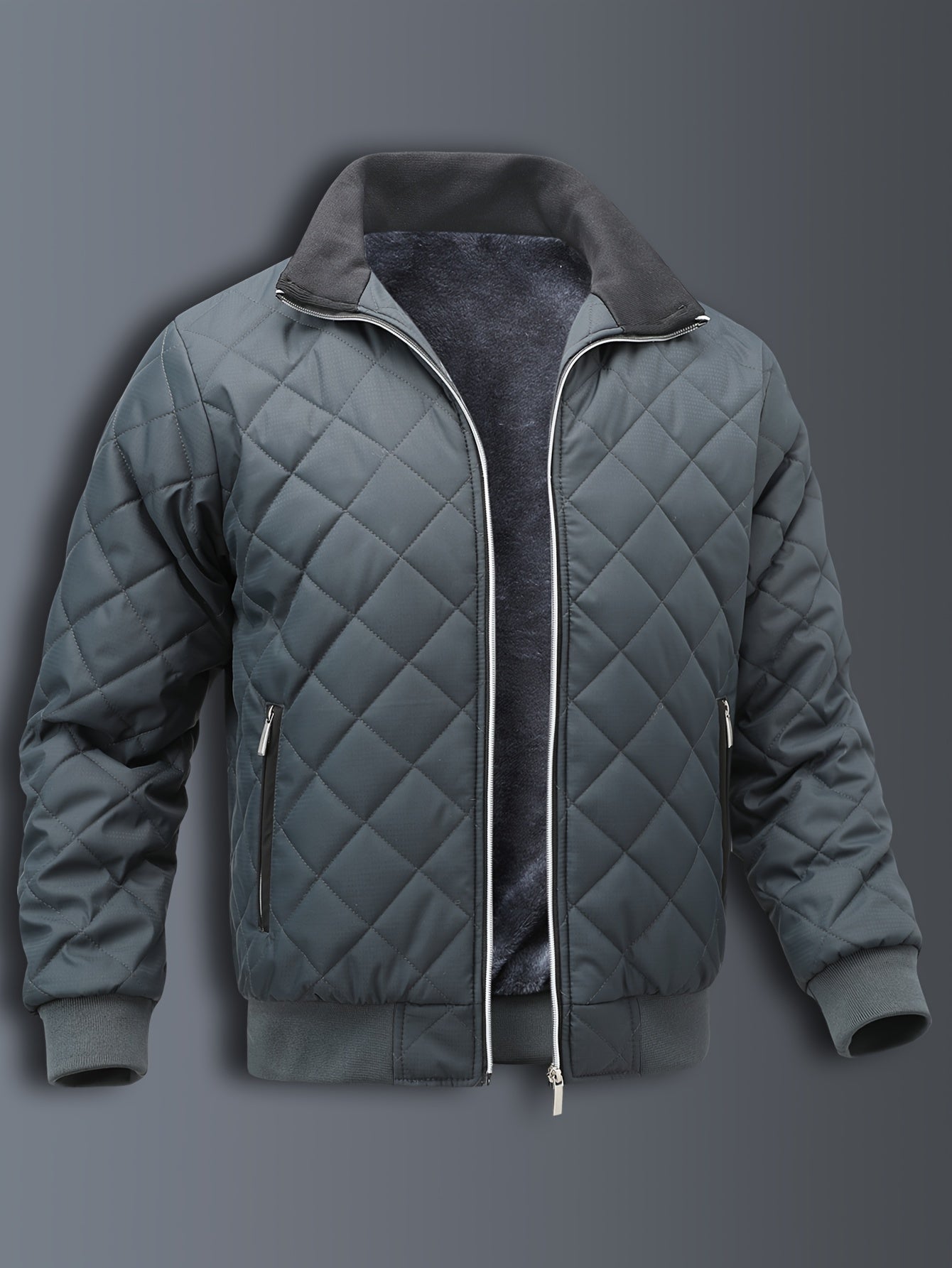 Men's Quilted Jacket - Warm Fleece Lined - Stand Collar