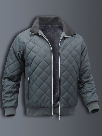 Men's Quilted Jacket - Warm Fleece Lined - Stand Collar
