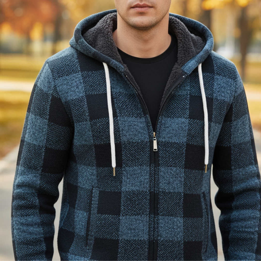 Men's Cardigan Sweater with Hood - Buffalo Plaid Knit - Warm Fleece Lining