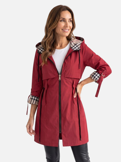 Women's Lightweight Jacket - Water-Resistant Hooded Parka - Plaid Lining