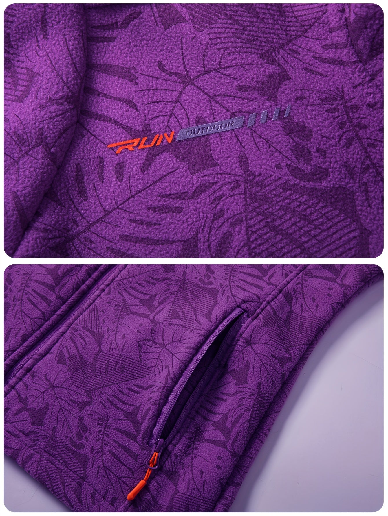 Women's Fleece Jacket - Stand Collar with Leaf Print - Zip Pockets