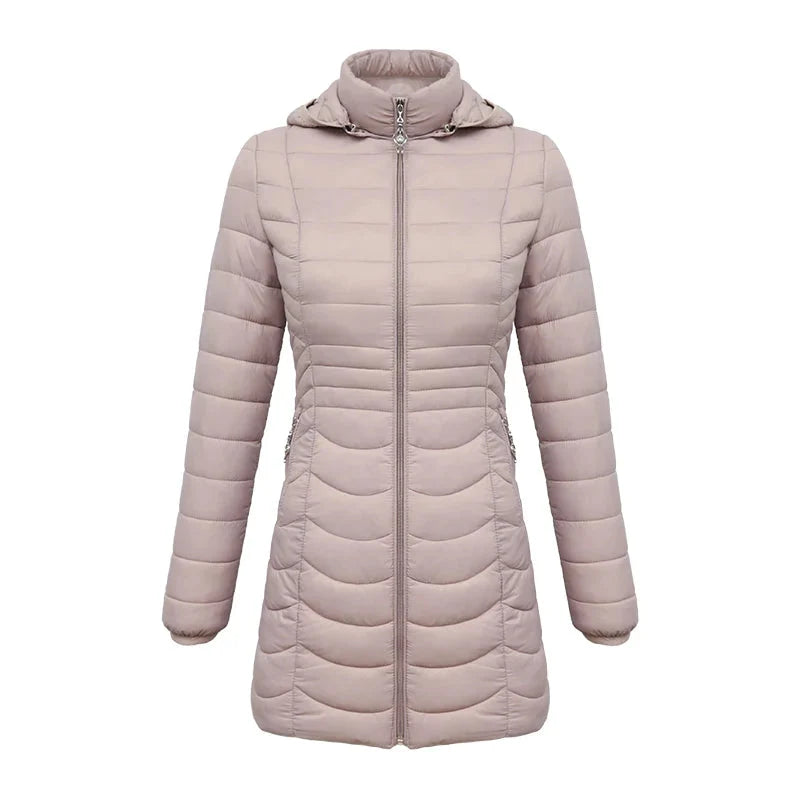 Women's Long Puffer Coat - Detachable Hood - Ultralight Quilted