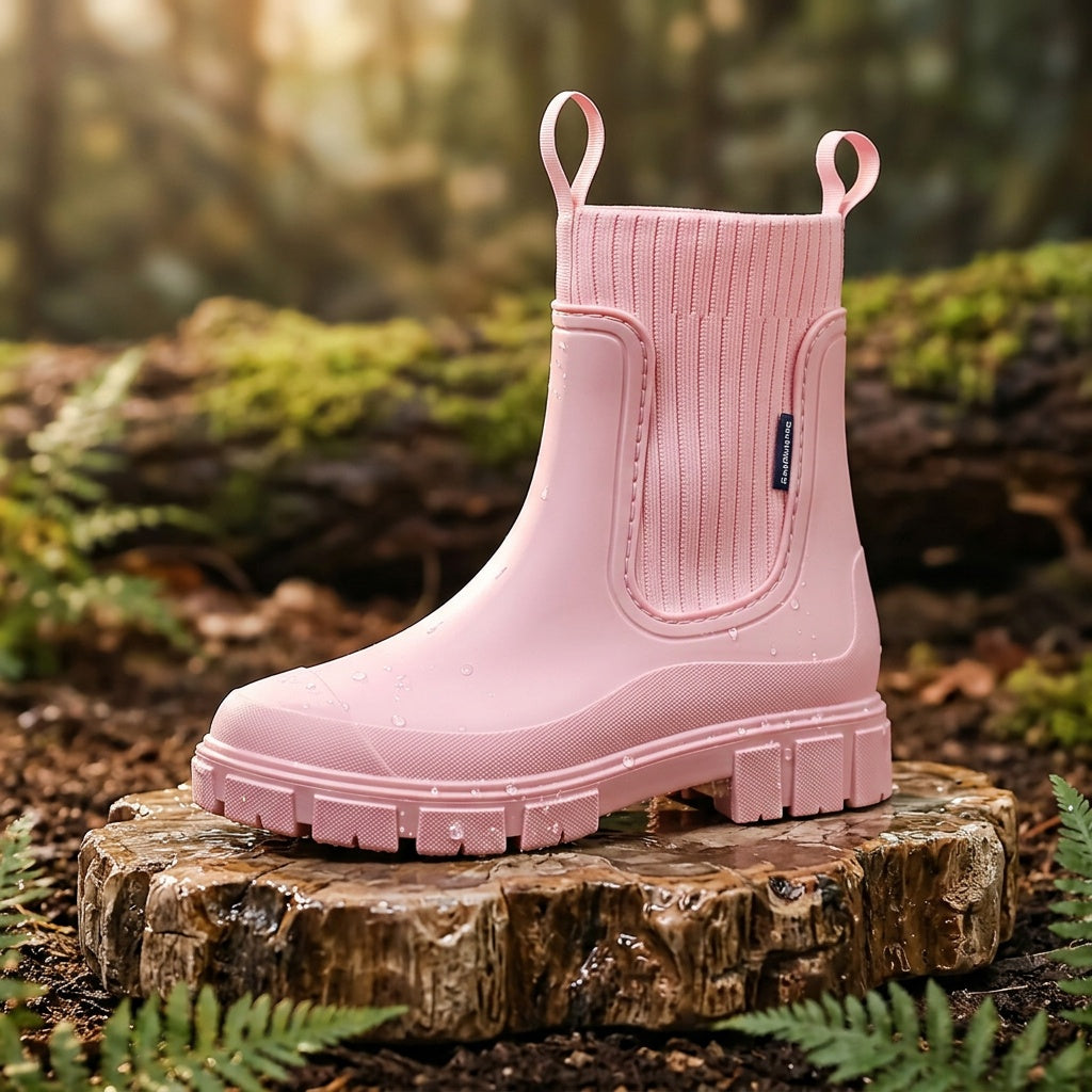 Women's Rubber Rain Boots - Chelsea Style Slip-On - Non-Slip Lug Sole