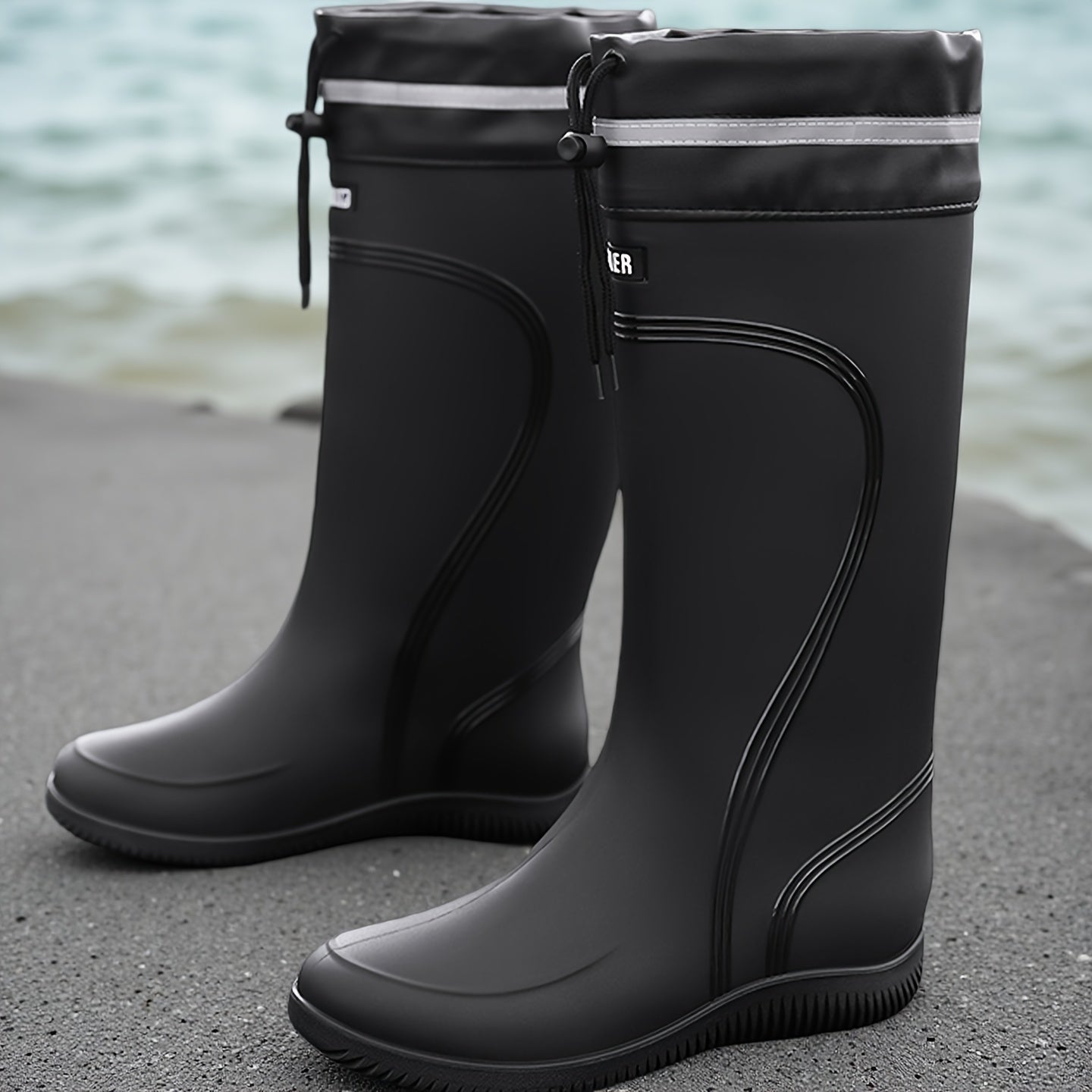 Waterproof Rubber Boots - Tall Drawstring Shaft - Reflective Trim