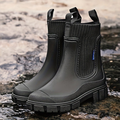 Women's Rubber Rain Boots - Chelsea Style Slip-On - Non-Slip Lug Sole