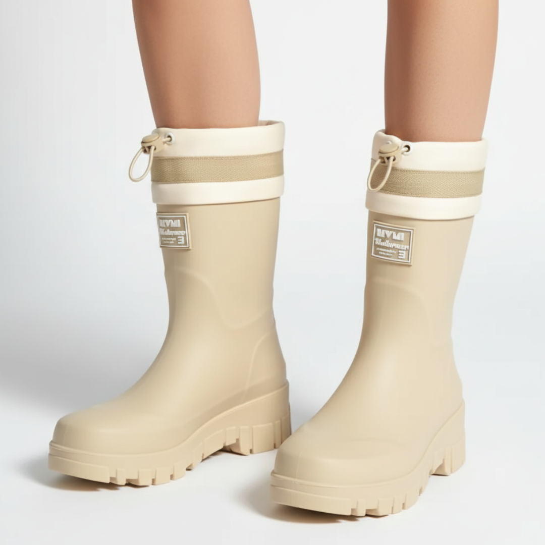 Women's Rain Boots - Waterproof Mid-Calf - Non-Slip Platform Sole