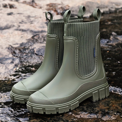 Women's Rubber Rain Boots - Chelsea Style Slip-On - Non-Slip Lug Sole
