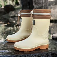 Men's Rubber Rain Boots - Mid-Calf Waterproof - Drawstring Collar
