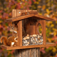 Squirrel Feeder - Solid Oak with Large Nut Dispenser - Corn & Apple Holder