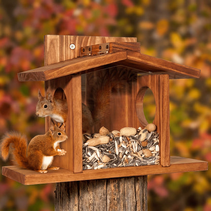 Squirrel Feeder - Solid Oak with Large Nut Dispenser - Corn & Apple Holder