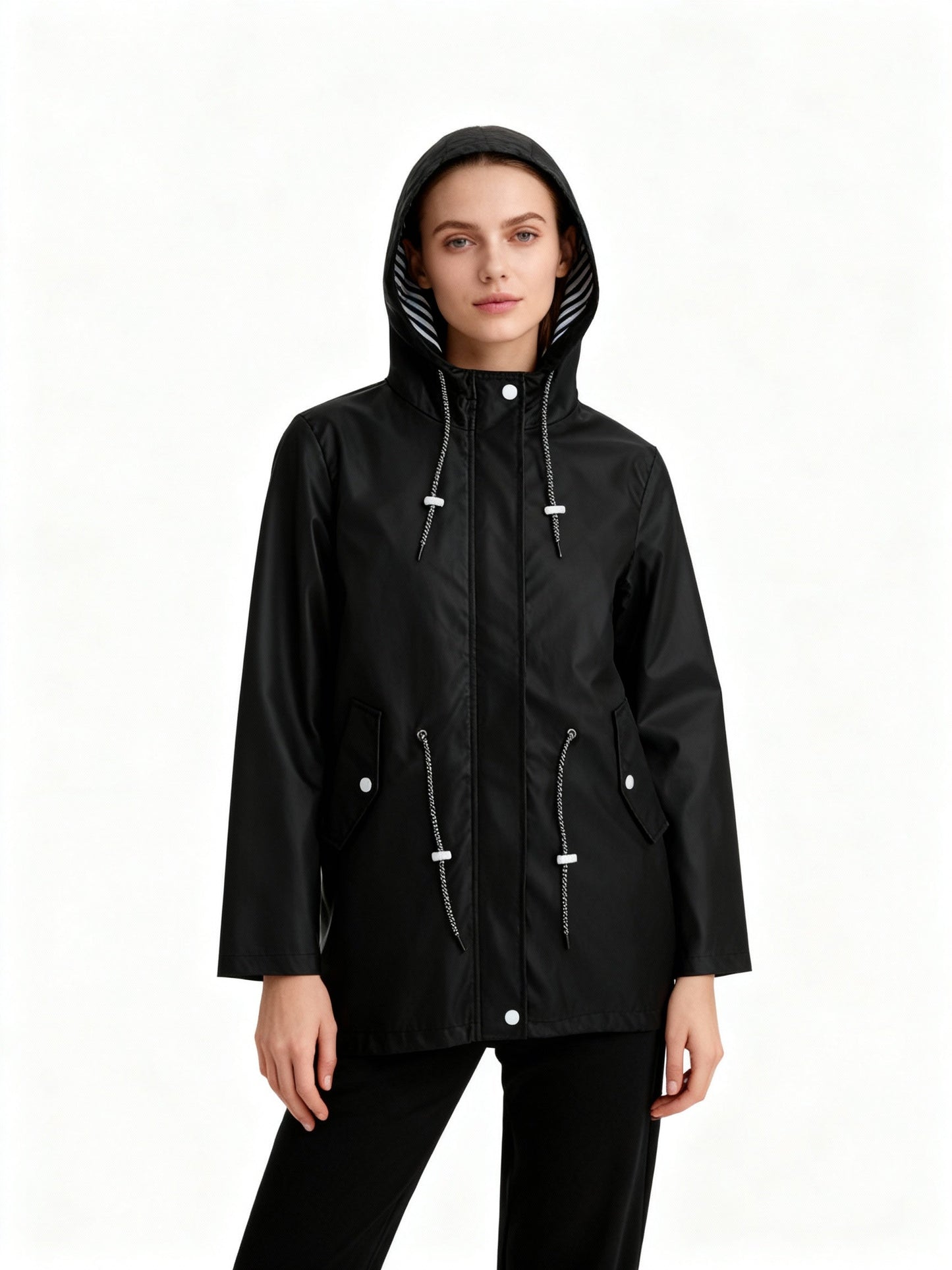 Women's Rain Jacket with Hood - Mid-Length Fishtail Hem - Water-Repellent