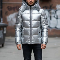 Puffer Jacket for Men - Removable Hood - Glossy Finish