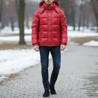 Puffer Jacket for Men - Removable Hood - Glossy Finish