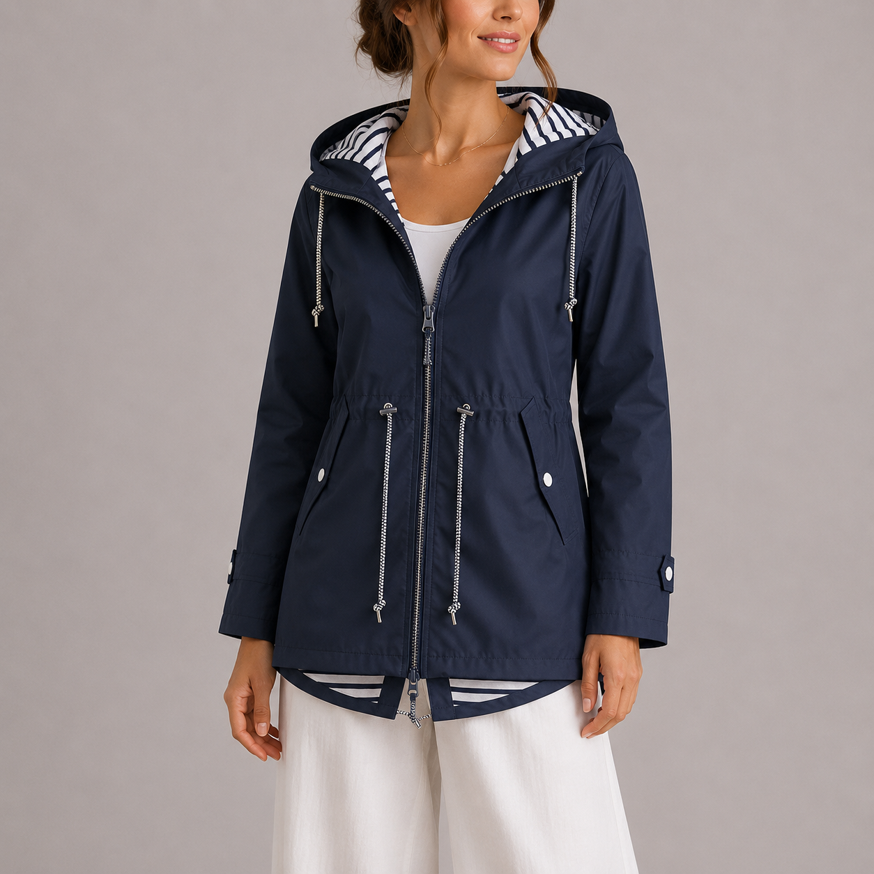 Women's Rain Jacket - Hooded & Water-Resistant - Striped Lining