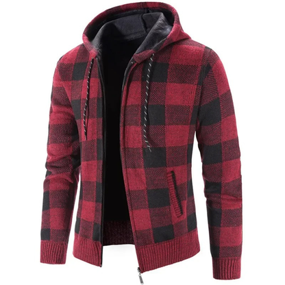 Men's Cardigan Sweater with Hood - Buffalo Plaid Knit - Warm Fleece Lining