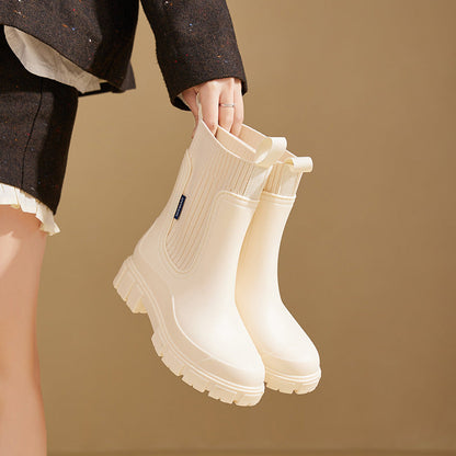 Women's Rain Boots - Chelsea Style with Knit Collar - Waterproof Platform Sole