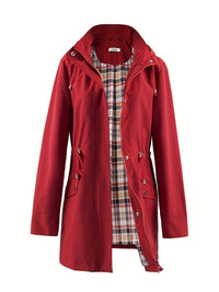 Women's Long Raincoat - Water-Repellent & Plaid Lined - Drawstring Waist