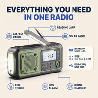 Emergency Wind Up Radio - Hand Crank & Solar - 5000mAh Power Bank & Torch