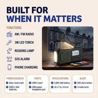 Emergency Wind Up Radio - Hand Crank & Solar - 5000mAh Power Bank & Torch