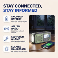 Emergency Wind Up Radio - Hand Crank & Solar - 5000mAh Power Bank & Torch