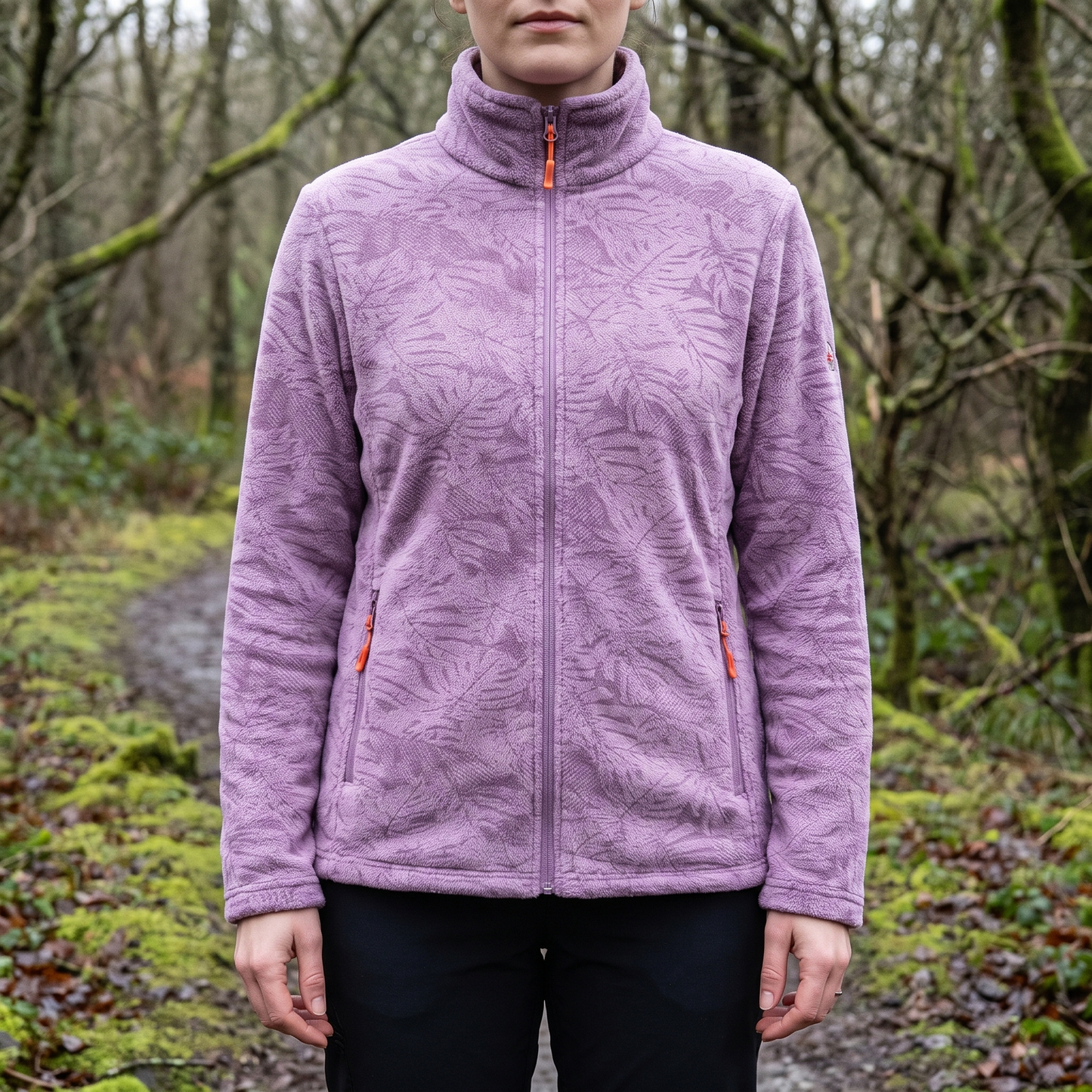 Fleecejacke Damen mit Stehkragen - Blätter-Print - Zwei Reißverschlusstaschen