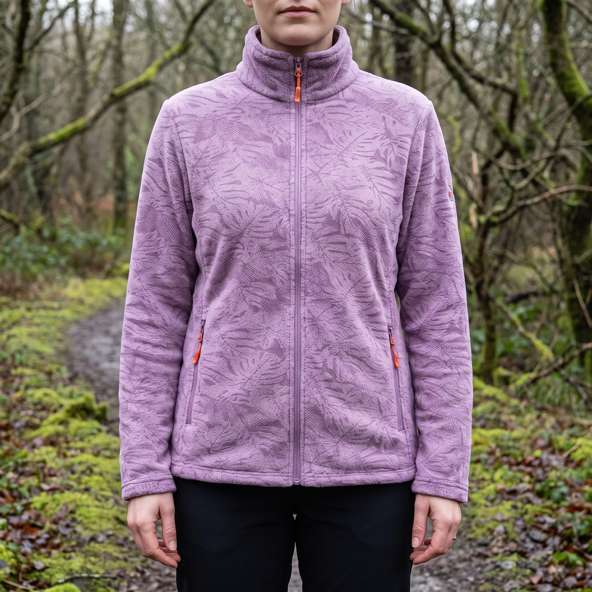 Fleecejacke Damen mit Stehkragen - Blätter-Print - Zwei Reißverschlusstaschen