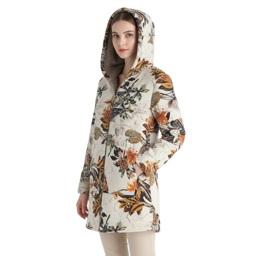 Women's Hooded Winter Jacket - Fleece Lined - Floral Print