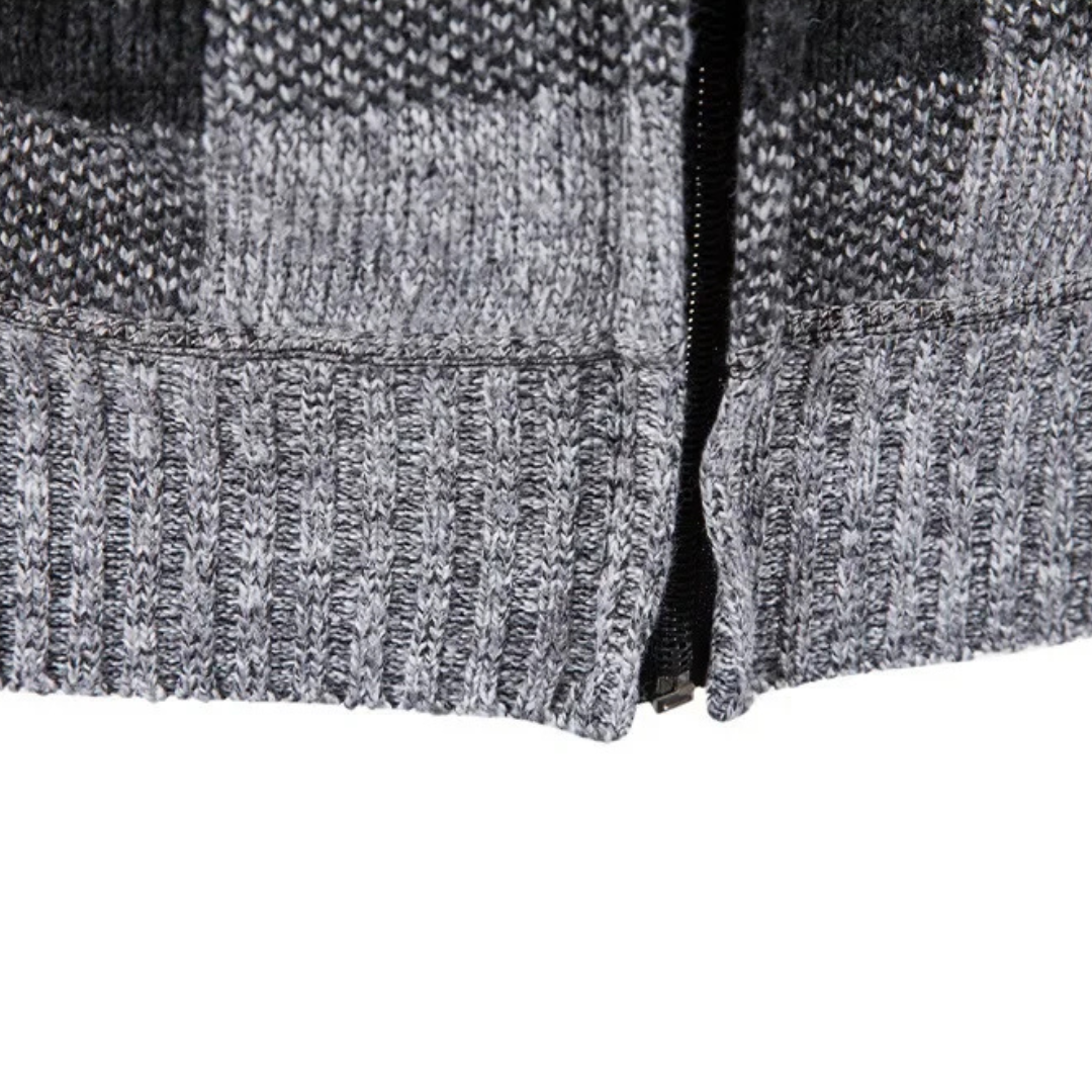 Men's Cardigan Sweater with Hood - Buffalo Plaid Knit - Warm Fleece Lining