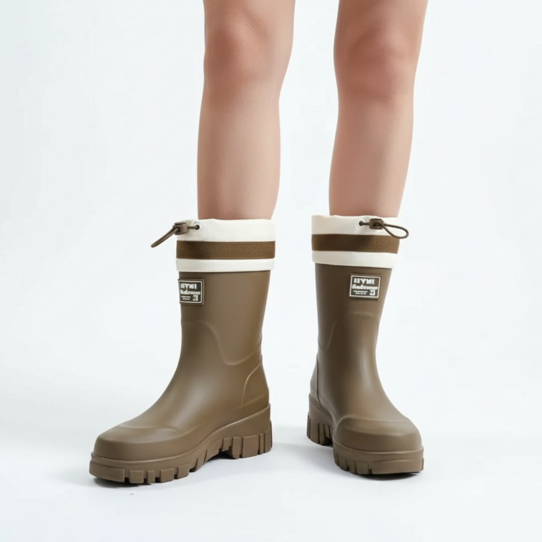 Women's Rain Boots - Waterproof Mid-Calf - Non-Slip Platform Sole