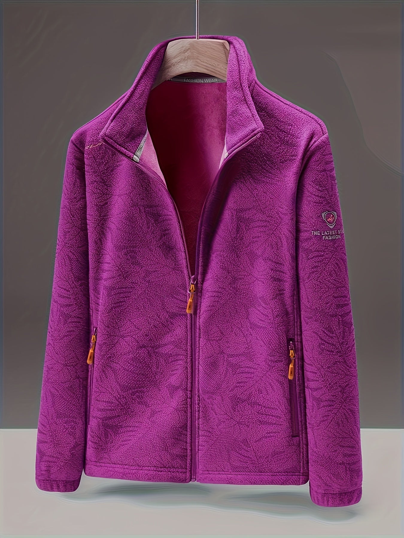 Women's Fleece Jacket - Stand Collar with Leaf Print - Zip Pockets