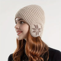 Beanie with Ear Flaps - Unisex Knit - Snowflake Pattern